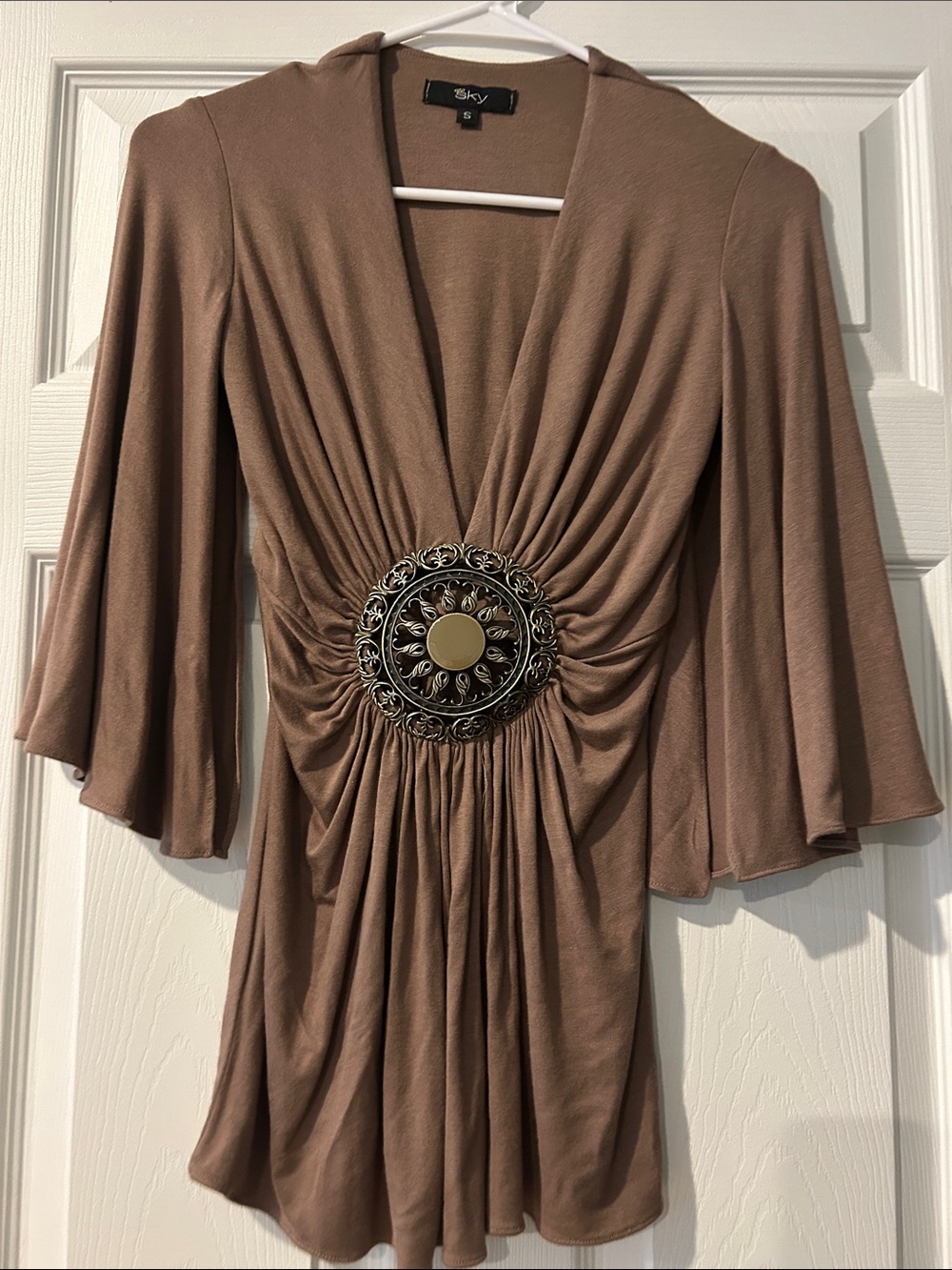 Worn 1X, Sky, Women’s, V-Neck Long Sleeve Top, split bell sleeves, medallion